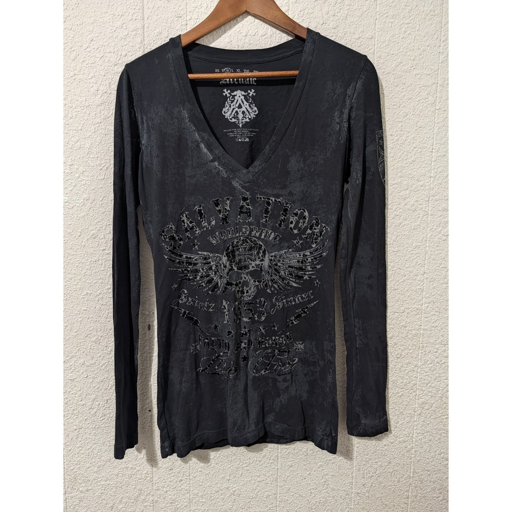 Y2k Affliction Shirt, Women's, V neck, Goth,M, Archaic, Long sleeve, Black